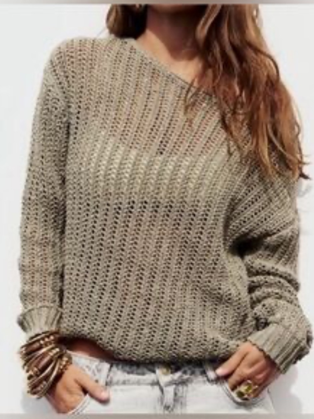 Zara Sequins embroidered Classic Open-Knit Sweater in Taupe. Boho. L